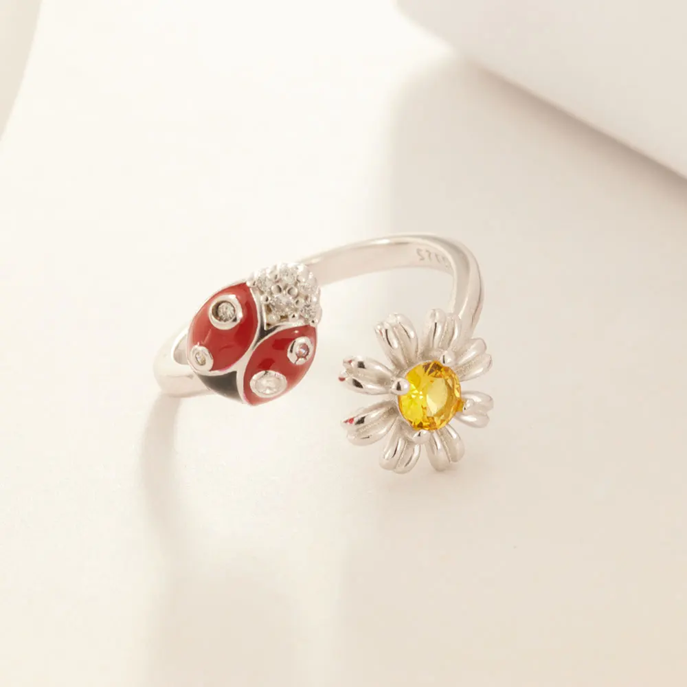 925 Sterling Silver Ladybug Chrysanthemum Open Ring Hypoallergenic Ring Holiday Blessing Everyday Outfits Jewelry Gift For Women
