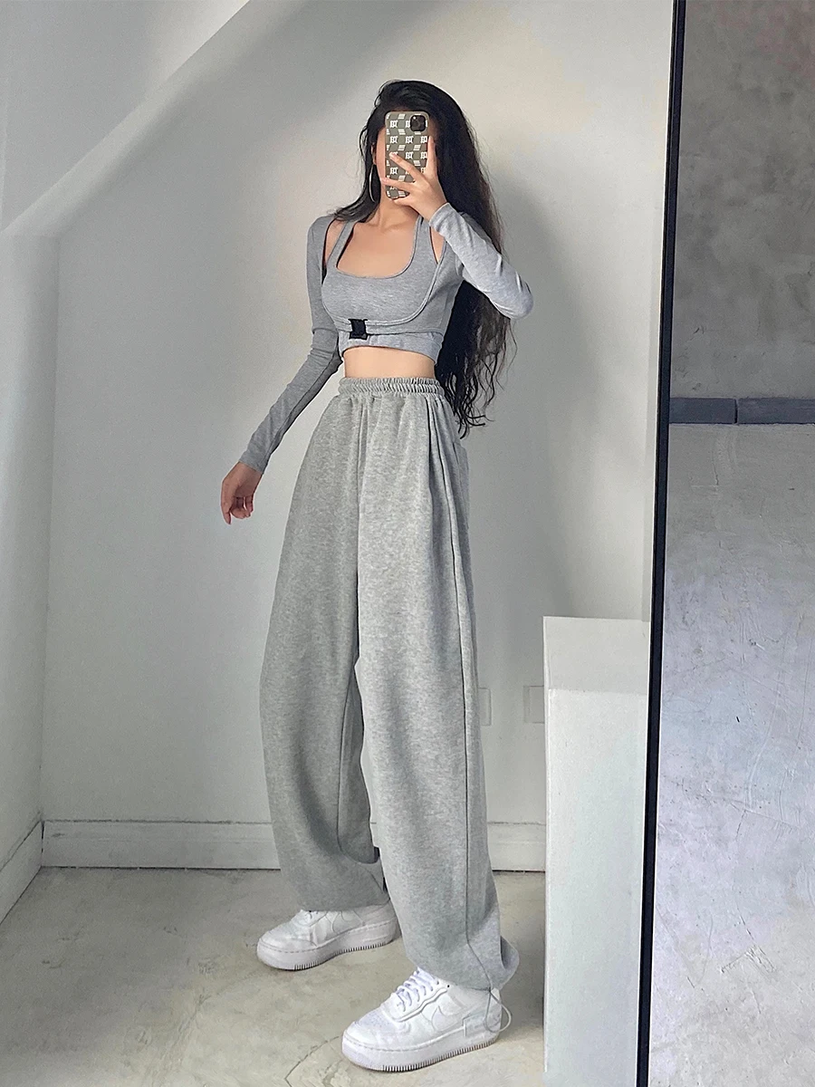 High Waist Drawstring Loose Slimming Cuffed Versatile Sports Casual Pants Sweatpants Long Trousers for Young Girls