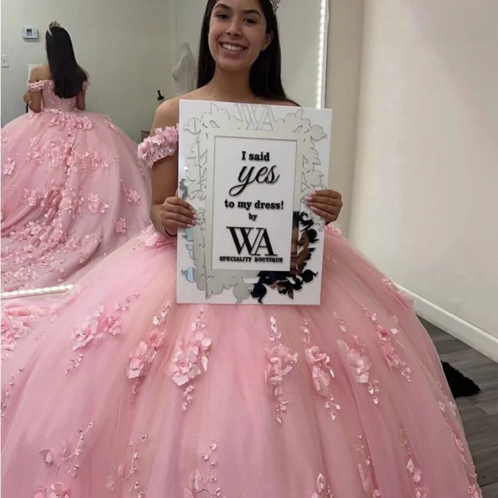 Vestidos de Fiesta de quinceañra con hombros descubiertos, apliques rosas 3D, Vestido largo de princesa de flores, verde elegante, dulce 16