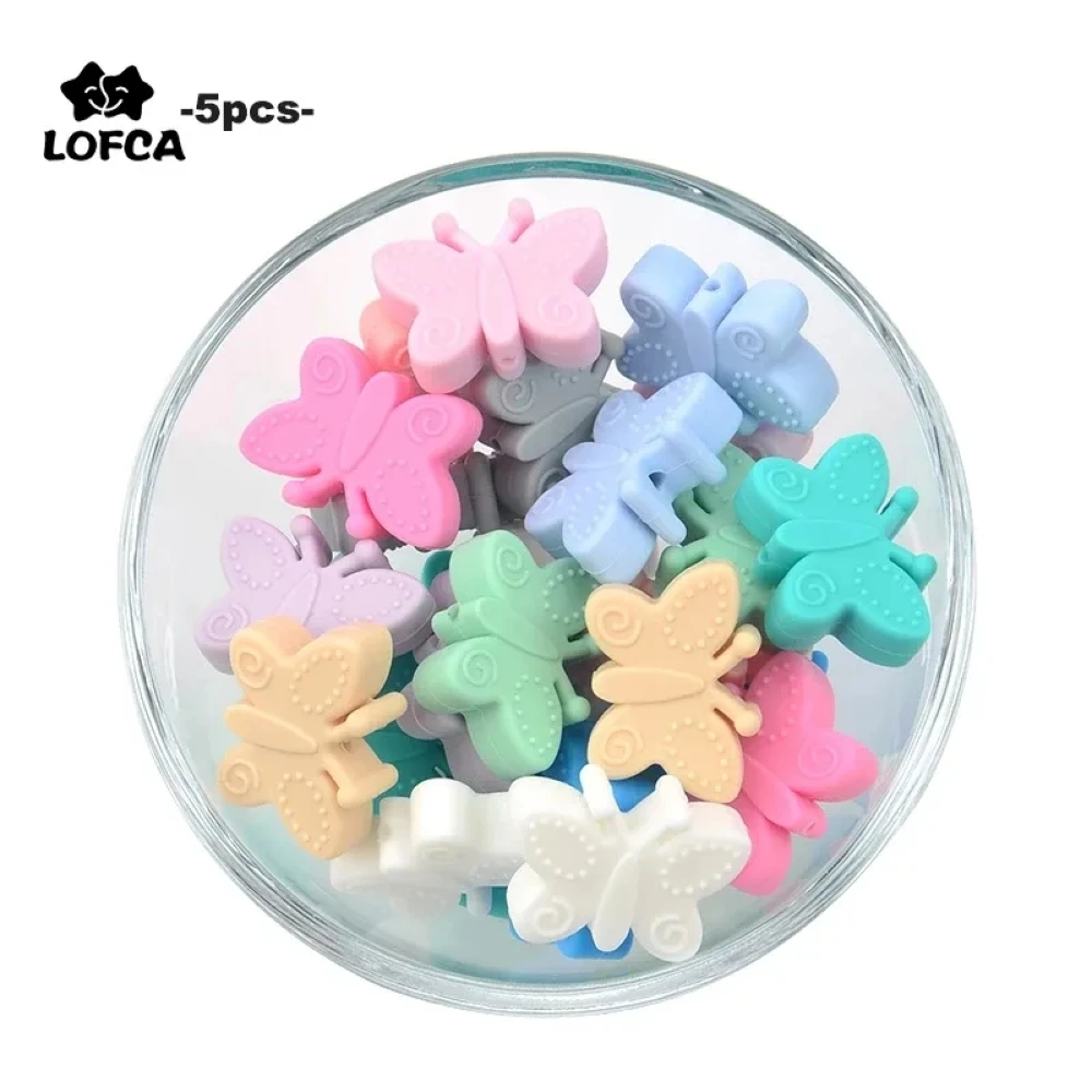 

Butterfly Beads Silicone 5pcs Teethers BPA Free DIY Loose Bead For Teething Necklace Animal Shaped Pacifier Holder Accessories