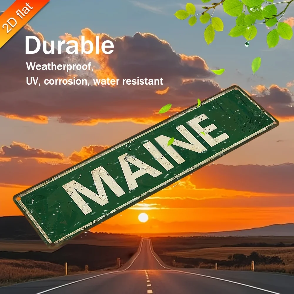 2D Flat, 1pc Vintage Maine State - Retro Metal Sign -Green Background with White Letters - Maine License Plate Design - Indoor