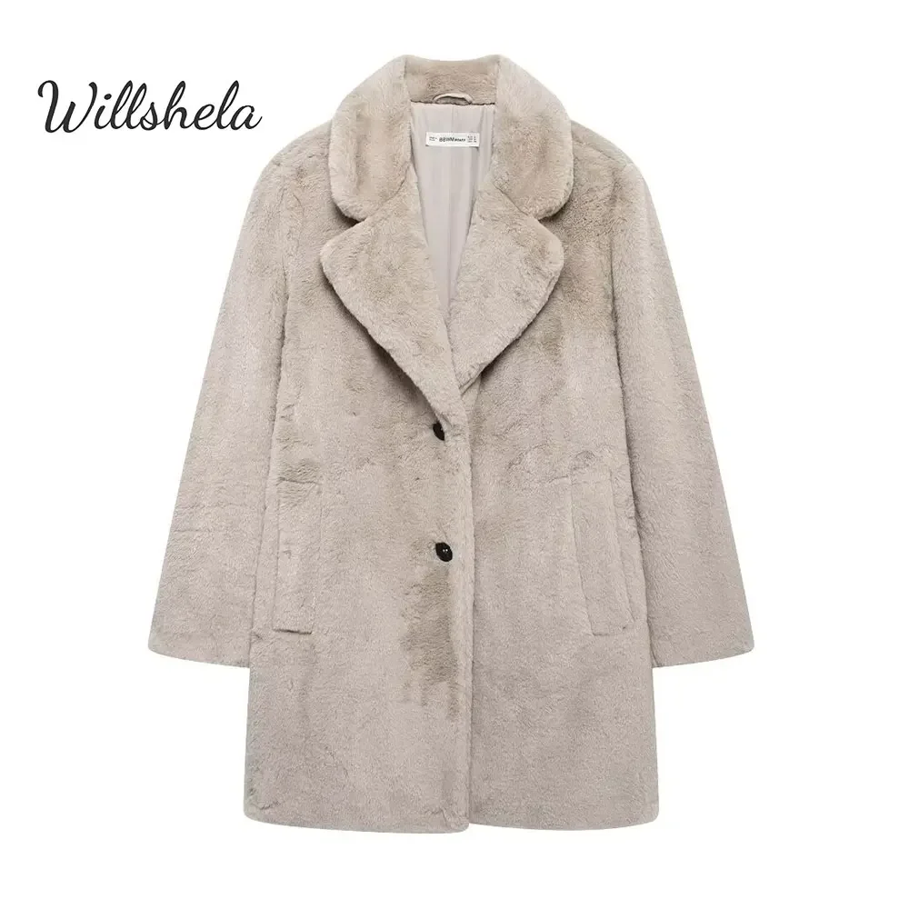 Willshela moda feminina outono inverno cáqui casaco de pele do falso lapela gola mangas compridas feminino chique senhora roupas casuais mujer