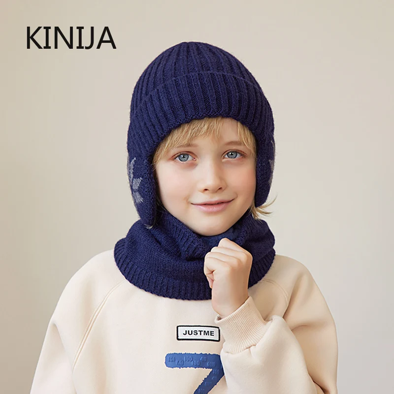 2Pcs Knitted Children Winter Hat Scarf Fleece Lining Ears Protection Beanie Hat Neck Warmer Warm Child Boy Cap official website