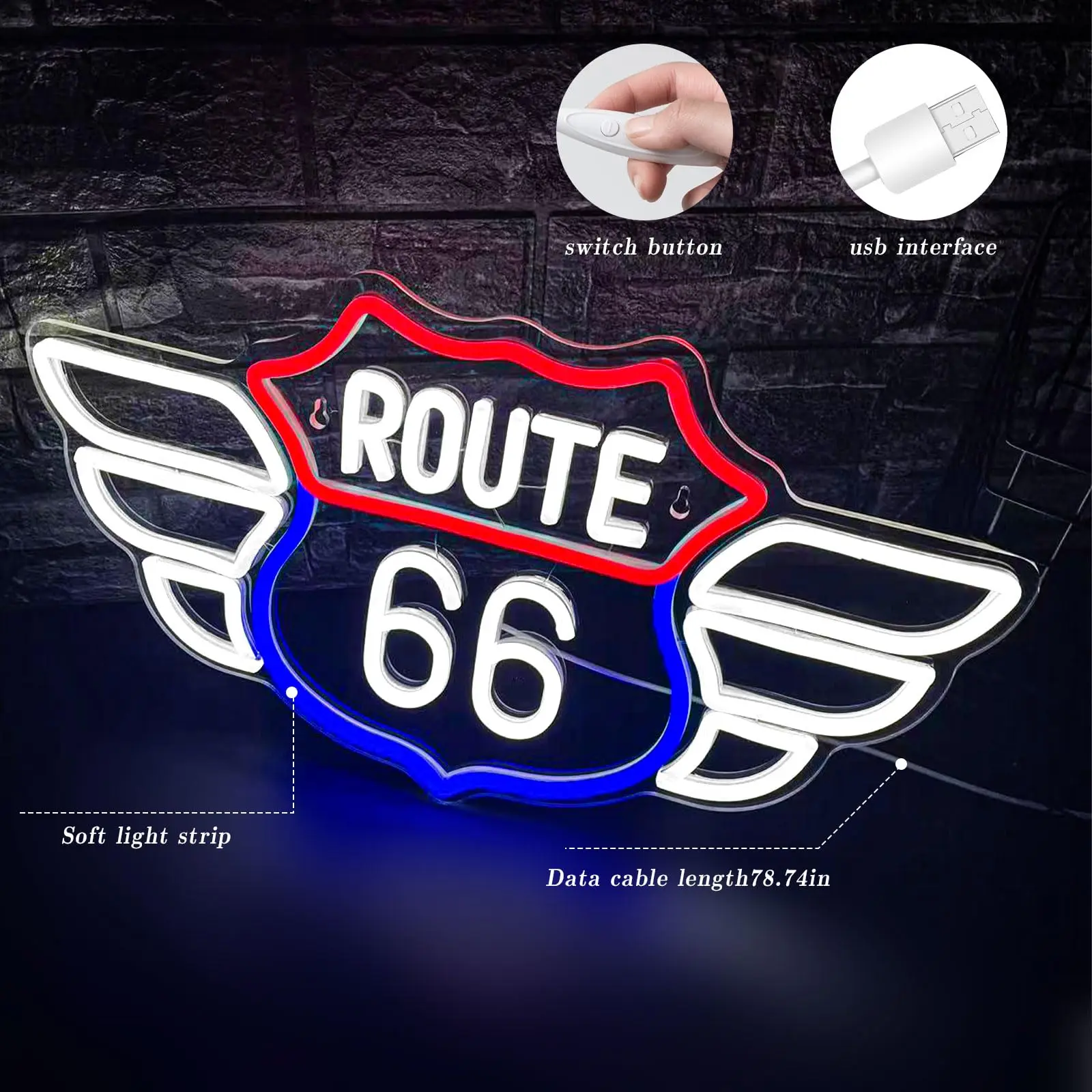 Route 66 Neon Sign Vintage American Highway Dimmable LED Light USB Powered for Man Cave Home Bar Garage Game Room Gift