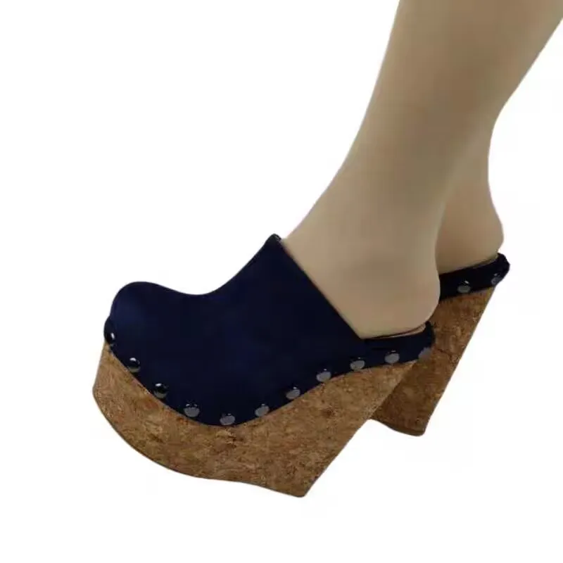 

SHOFOO Fashionable women's high-heeled slippers Blue (gray,dark blu ) closed toe slippers About 15cm heel height Wedges platform