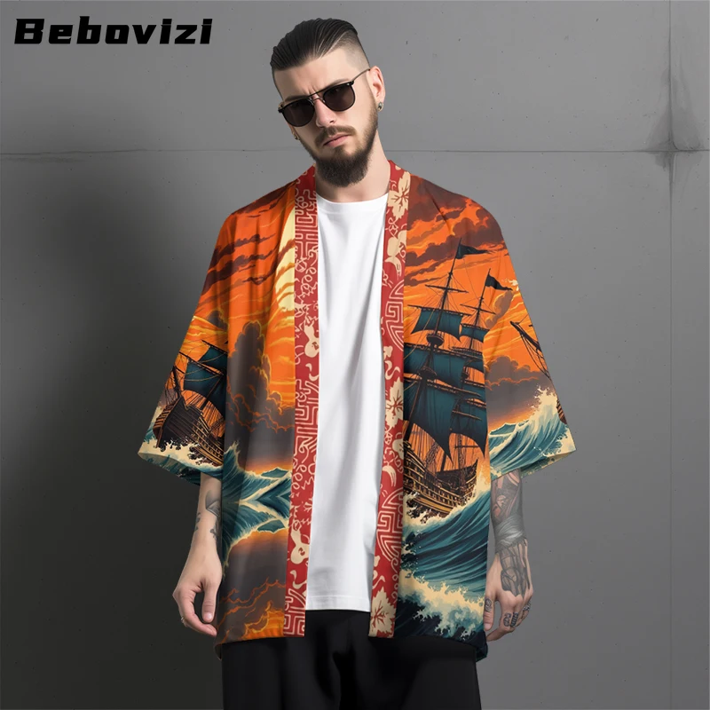 

2025 Summer Beach Men Women Traditional Haori Japanese Style Sailboat Waves Print Kimono Fashion Cardigan Yukata