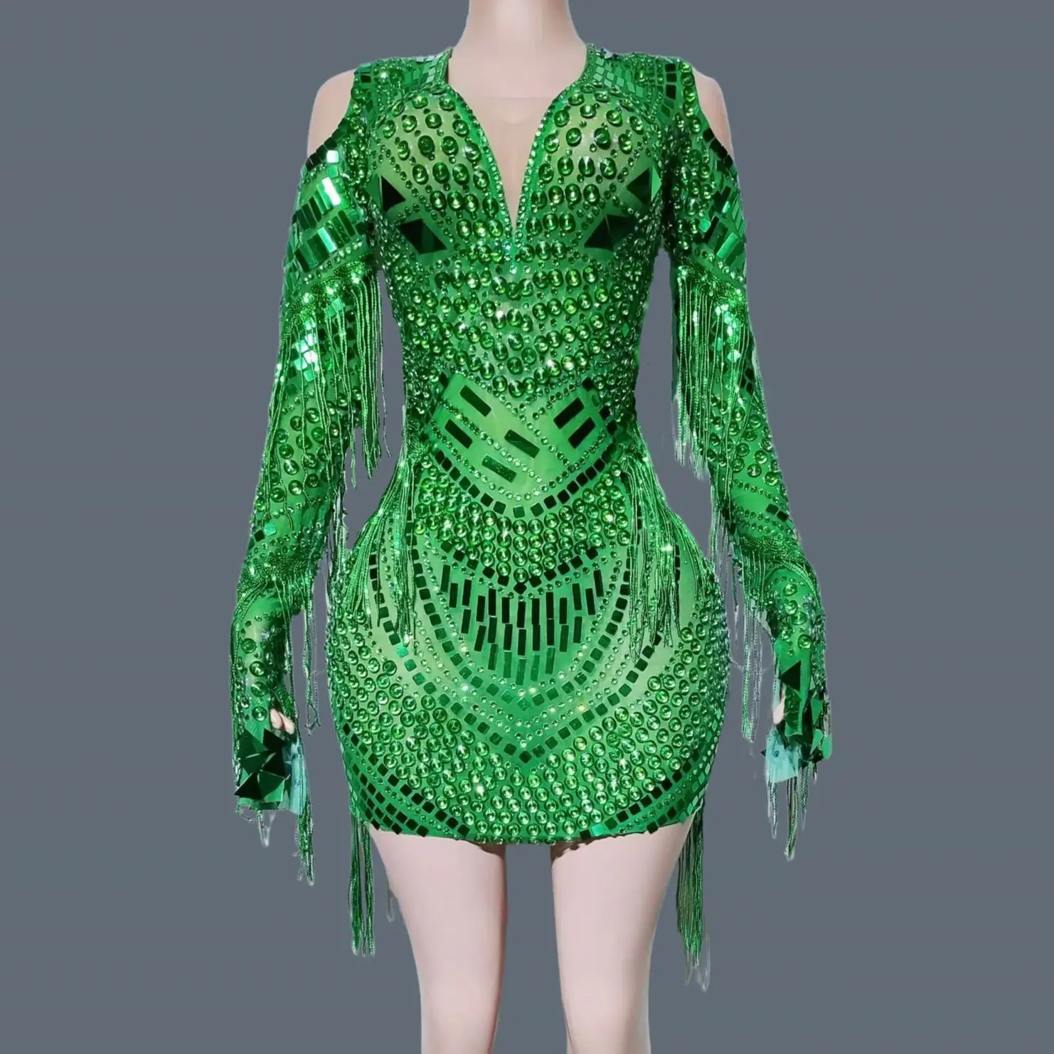 

Sexy Women Rhinestone Sequins Tassel Sexy Mini Dress Green Theme Club Party Outfit See Through Mesh Event gig Dance Wear Youzi