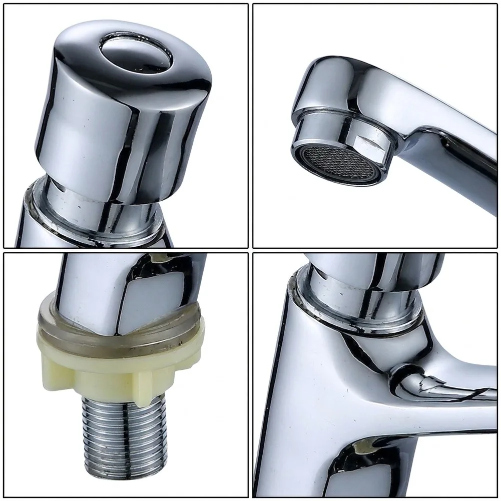 Wall Mounted Copper Basin Faucet with Automatic Delay Shut Press Mechanism for Modern Sink Silver 16.5x12x6cm Wall
