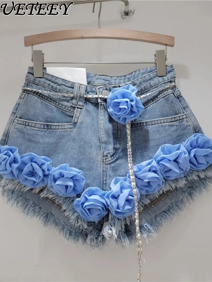 

New Summer Short Jeans Women Design Sweet Colorful Flower Rough Edge Denim Shorts High Waist Wide Leg Shorts Female Hot Pants