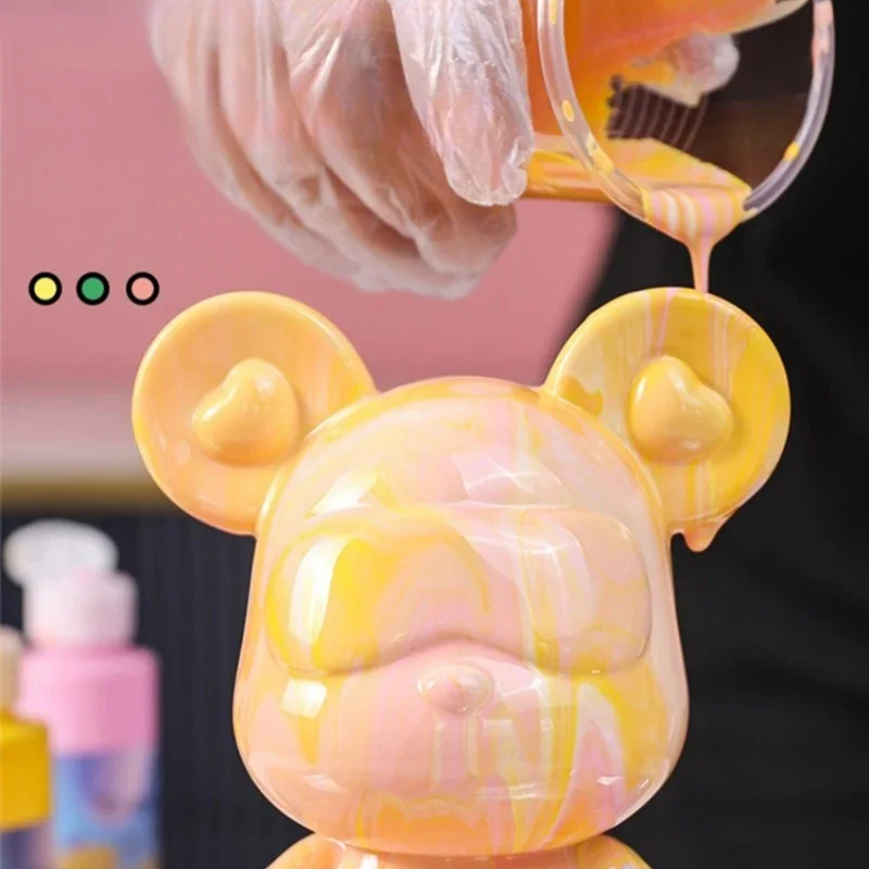 Vinyl Cool Bear Figurines DIY Graffiti Painting Bear Statue Handmade Fluid Art Pigment Doll Desktop Decoration Kid Toy Gift