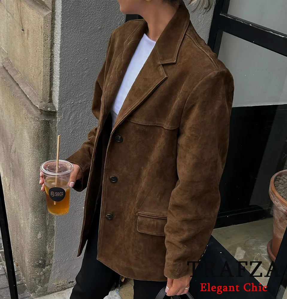 TRAFZA-Women Fashion Suede Blazer Single-Breasted Lapel Vintage Brown Blazer New Autumn Winter Street Casual Outwear Blazer