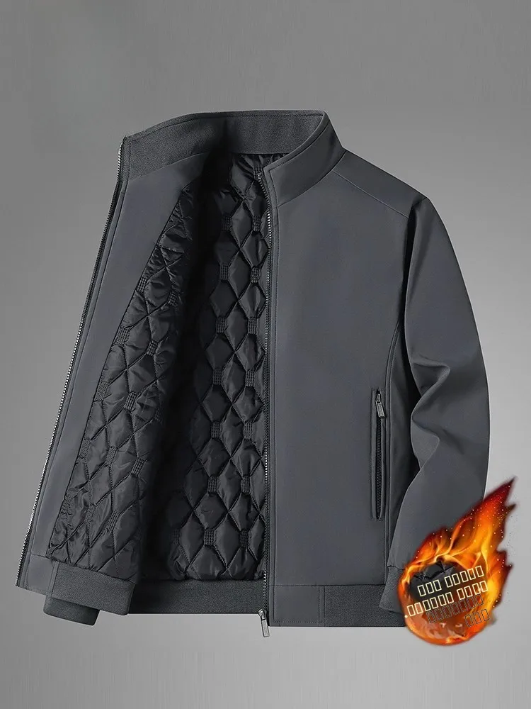 Men's Cotton Jacket Thickened Warm Stand Collar Zipper Closure Long Sleeve Casual Coat Large Size Middle-Aged Dad Style