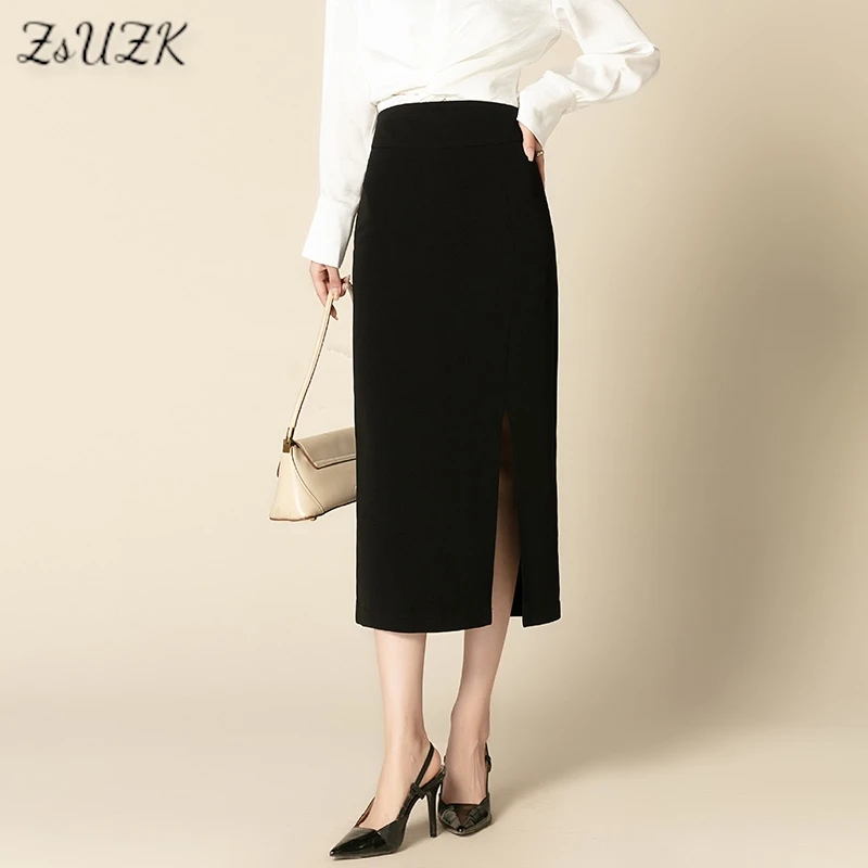 

ZUZK Slit Hem Bodycon Skirt Women Elegant High Waist Slim Skirt Spring Autumn Office Lady Mid-long Work Pencil Skirt