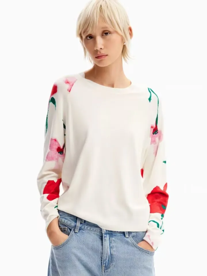 Foreign trade original single new Spain autumn and winter printed elastic crew-neck sweater women's sweater