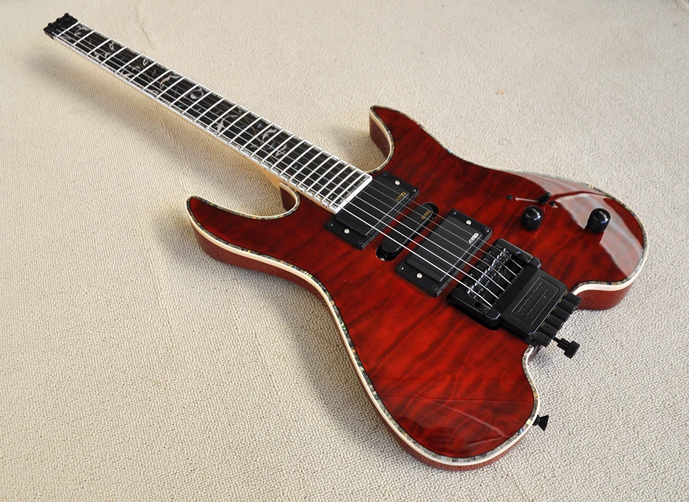 6 Strings Red Headless Electric Guitar with Tremolo Bar,24 Frets,Rosewood Fretboard