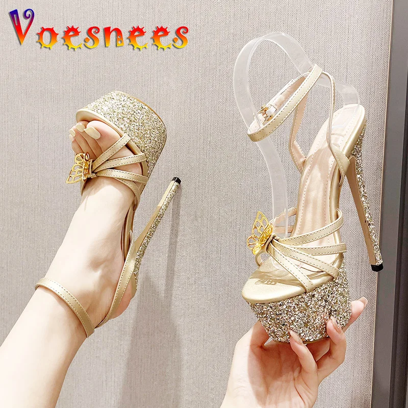 15CM High Heels Sequin Waterproof Platform Model Walk Show Shoes Gold Party Dress Sandals Sexy Narrow-Band Women Stilettos Pumps