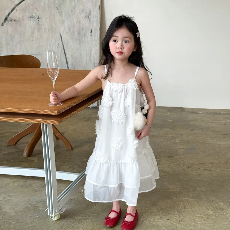 กระโปรงเด็กผู้หญิง 2025 ฤดูร้อนเสื้อผ้าเด็กใหม่สไตล์เกาหลีเด็กผู้หญิงสามมิติดอกไม้ชุดลําลองเรียบง่ายทุกวัน