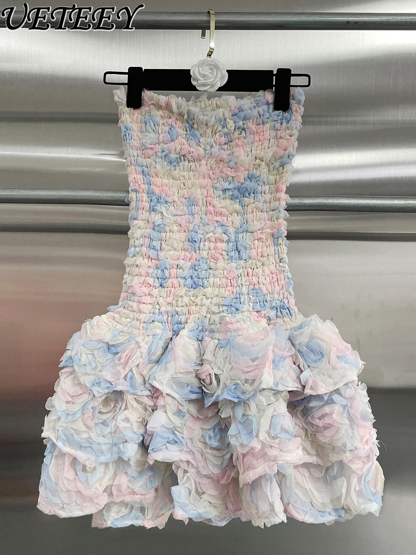 Fairy Sweet Princess 3D Flower Strapless Short Dress 2026 Spring Summer New Sexy Hot Girls High Waist Slim Fit Puffy Dress Party