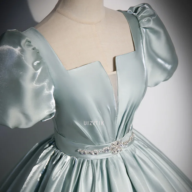 Vestido de fiesta de satén azul, vestido de fiesta ligero de lujo con mangas cortas abombadas, vestido de fiesta para mujer, vestido para quinceañeras, cinturón de diamantes de imitación personalizado