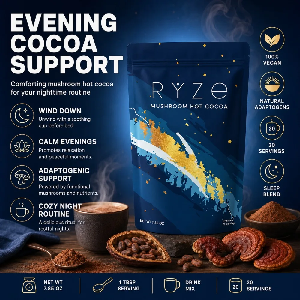 Cacao Caliente en Polvo con Hongos para el Sueño, Mezcla de Reishi, L-Teanina, Glicina y Zinc, Bebida Vegana Relajante Nocturna, 20 Porciones