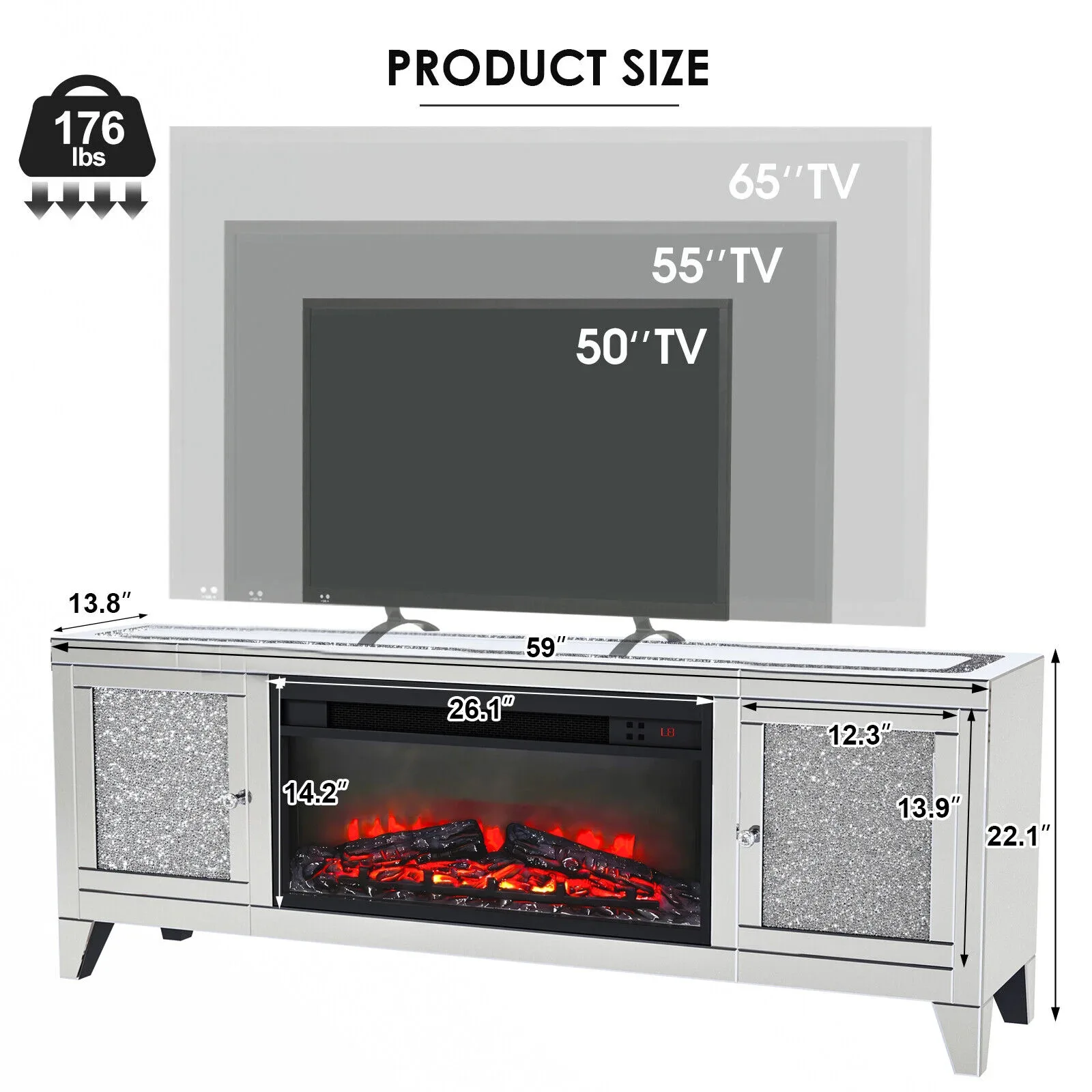 Luxury 59-inch Silver Mirror Fireplace TV Cabinet with Double Door RGB Multi-Color Adjustable Fireplace Flame