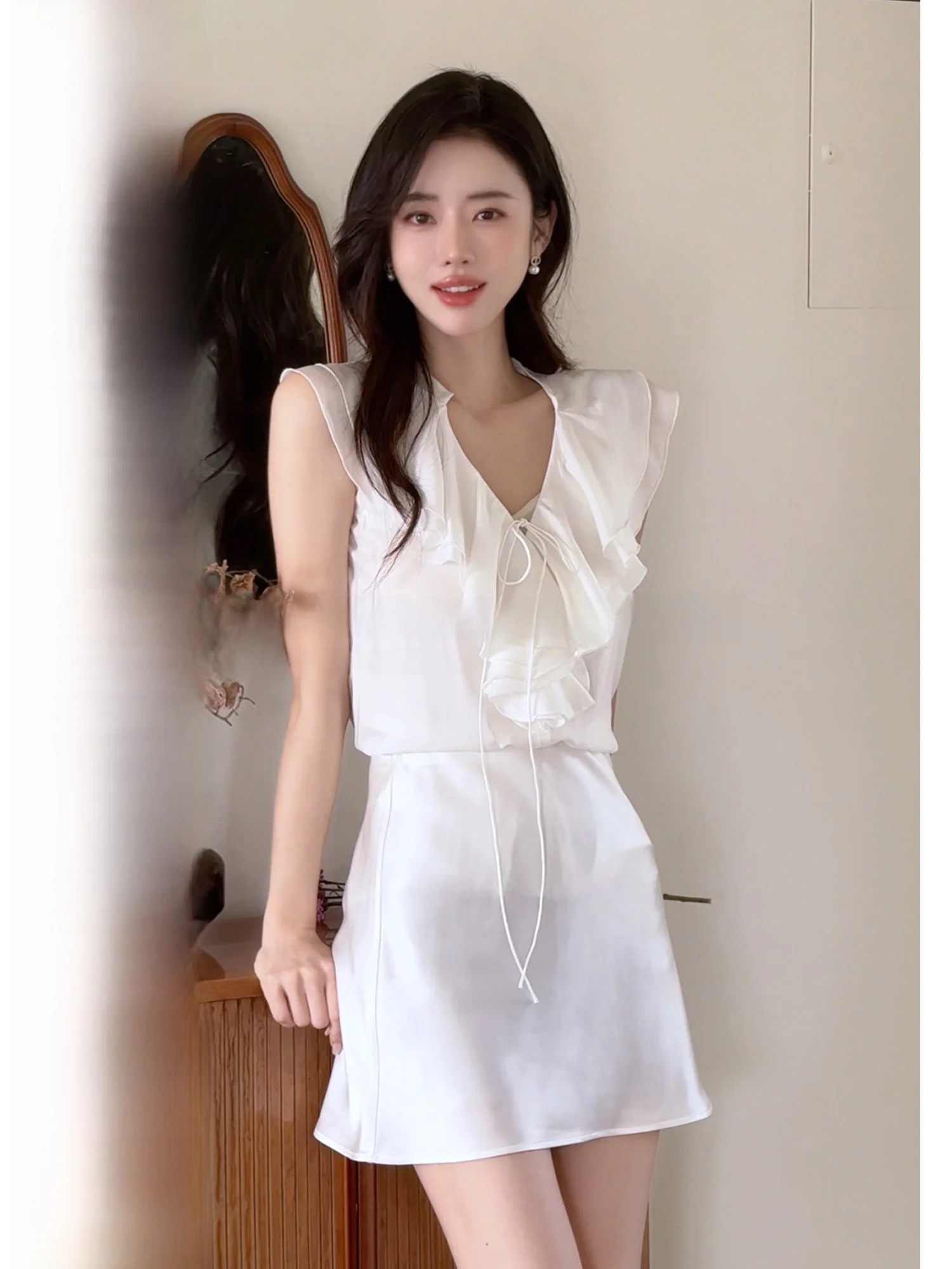 

Touchin Haute Silk Blouse And f Skirt Set with Lace Trim for Women Comfortable Breathable Commute Sle Loose Fit No Sve