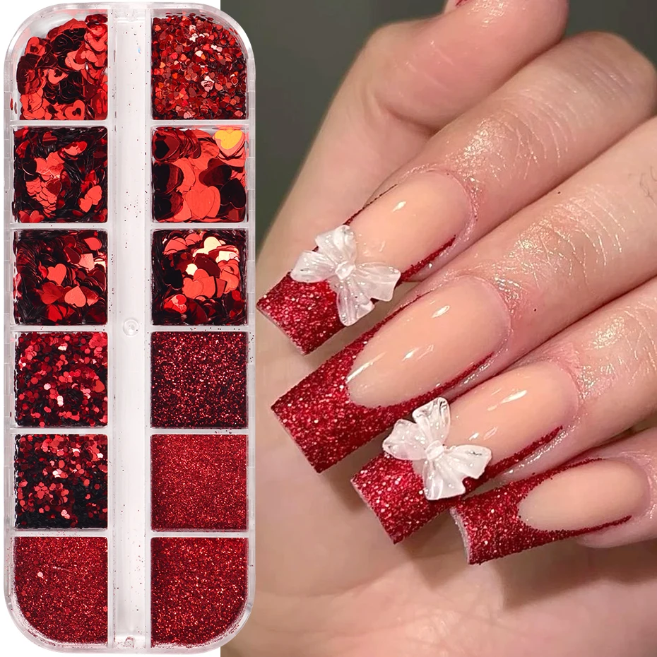 12 Grids Red Heart Valentine Nail Glitter Sequins Fine Chrome Powder 3D Hexagon Flakes Dust French Manicure Wedding Nail Decor