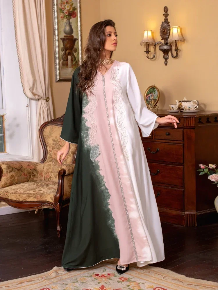 Eid Muslim Morocco Dress for Women Abaya Jalabiya Diamond V Neck Party Dresses Dubai Abayas Kaftan Islam Vestidos Arab Robe 2023