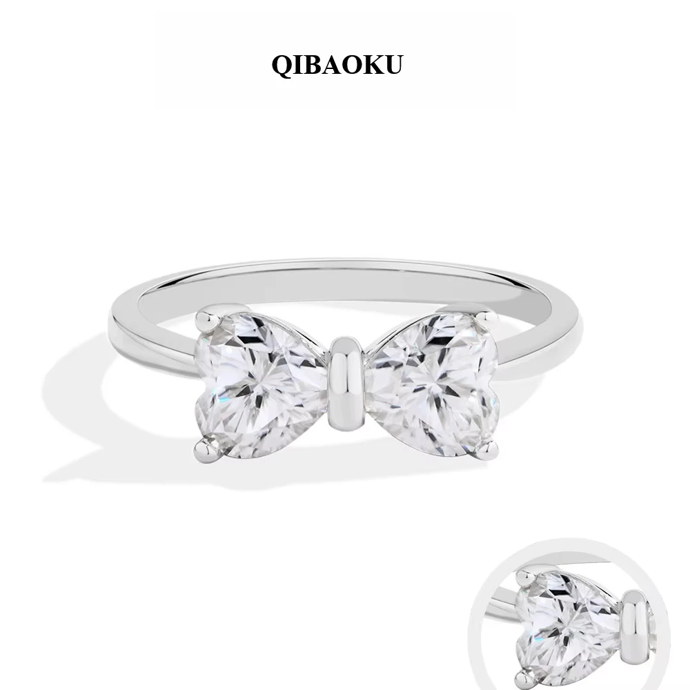 QIBAOKU S925 Sterling Silver Bow Knot Moissanite Rings for Women 2pcs 0.8ct Heart-cut D VVS1 Party Luxury Jewelry Gift 2026