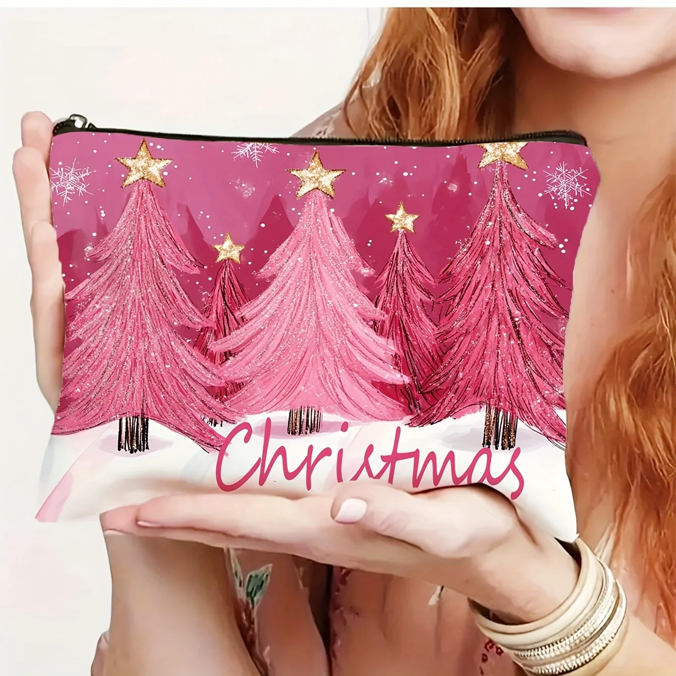 Weihnachtsbaummuster, großes Fassungsvermögen, Leinen-Kosmetiktasche für Reisen, tragbare Aufbewahrungstasche für Accessoires und Make-up