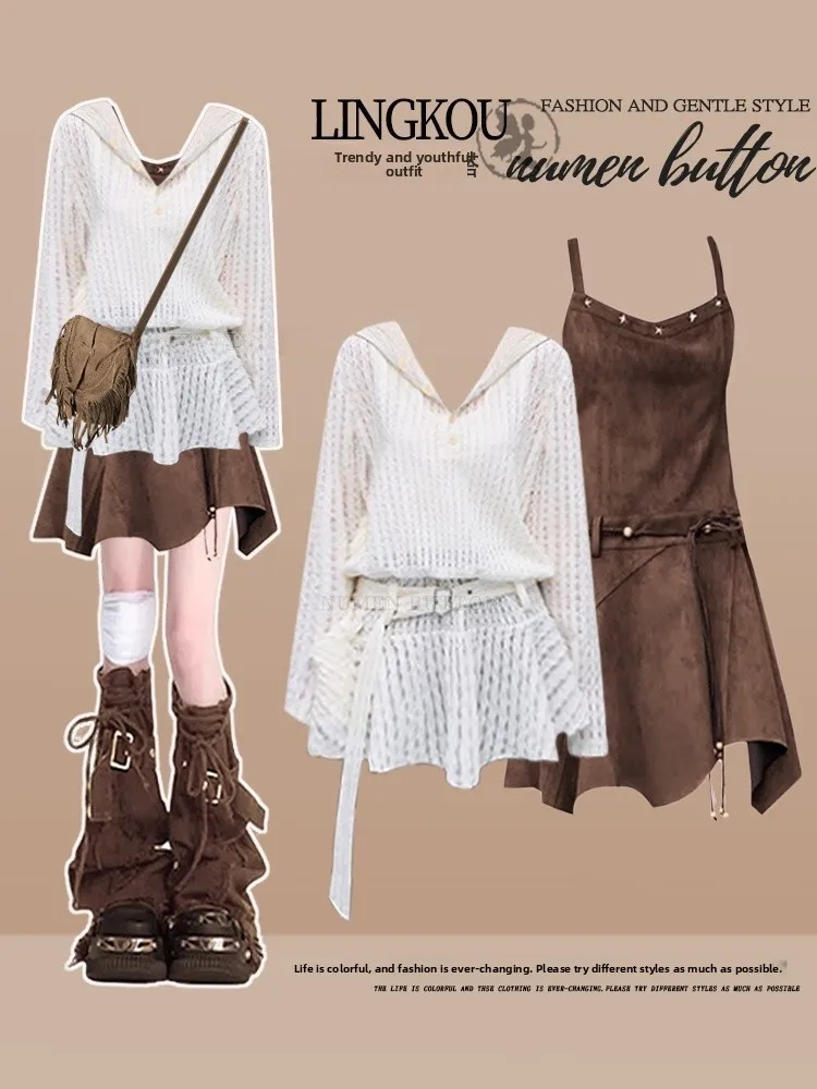 Spring Summer Women's Outfit Set Hollow out Sweatshirt Dress Rustic Waste Land Style Strap Dress Two Piece Set Casual Wear
