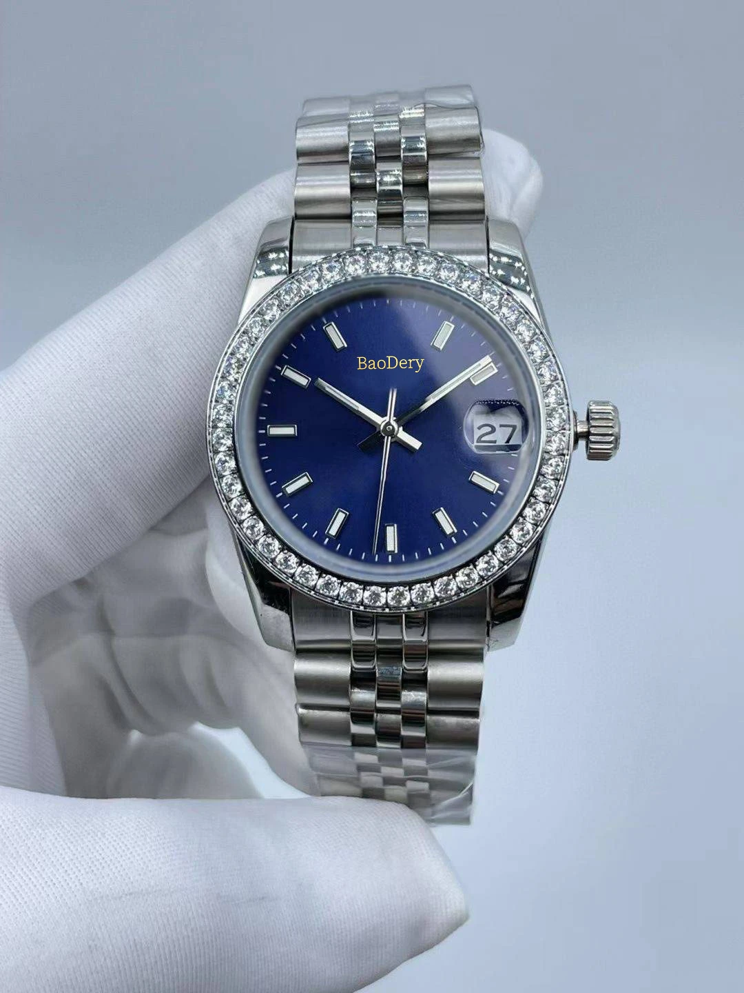 Custom Logo31mmElegant ladies' automatic diamond watch, serrated watch with mechanical movement and calendar window, ladies'gift