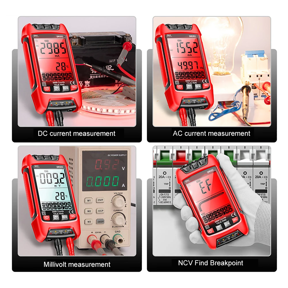 DM201 DM202 Tester Auto zakres cyfrowy multimetr 9999 liczy TRMS AC woltomierz wzmacniacz NCV rezystancja temp. tranzystor