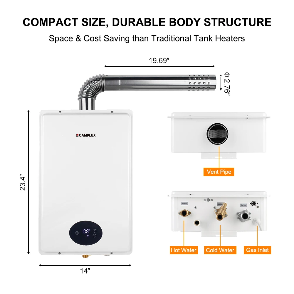CAMPLUX CA528 5.28GPM 150000BTU Indoor LPG Tankless Hot Water Heater High Flow Instant Heating Compact Design Flue Pipe