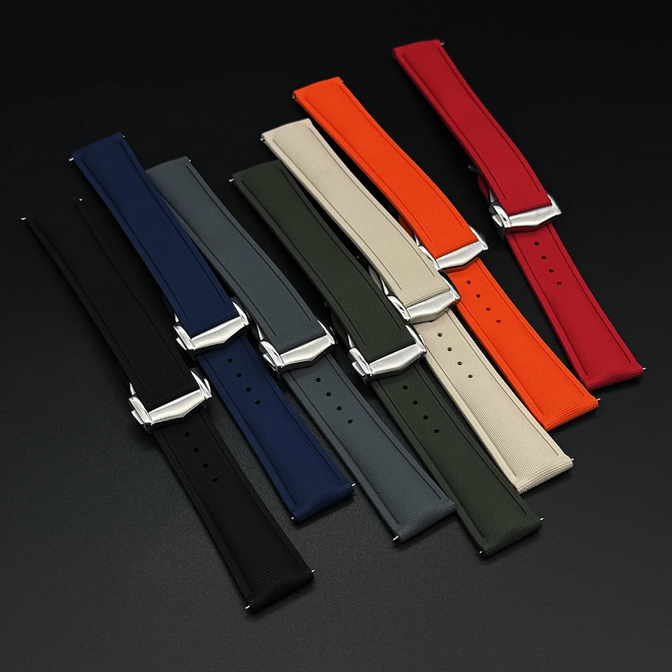 

High Quality Woven pattern Sports Deployant Watch Band 20mm 21mm 22mm FKM Rubber Watch Strap