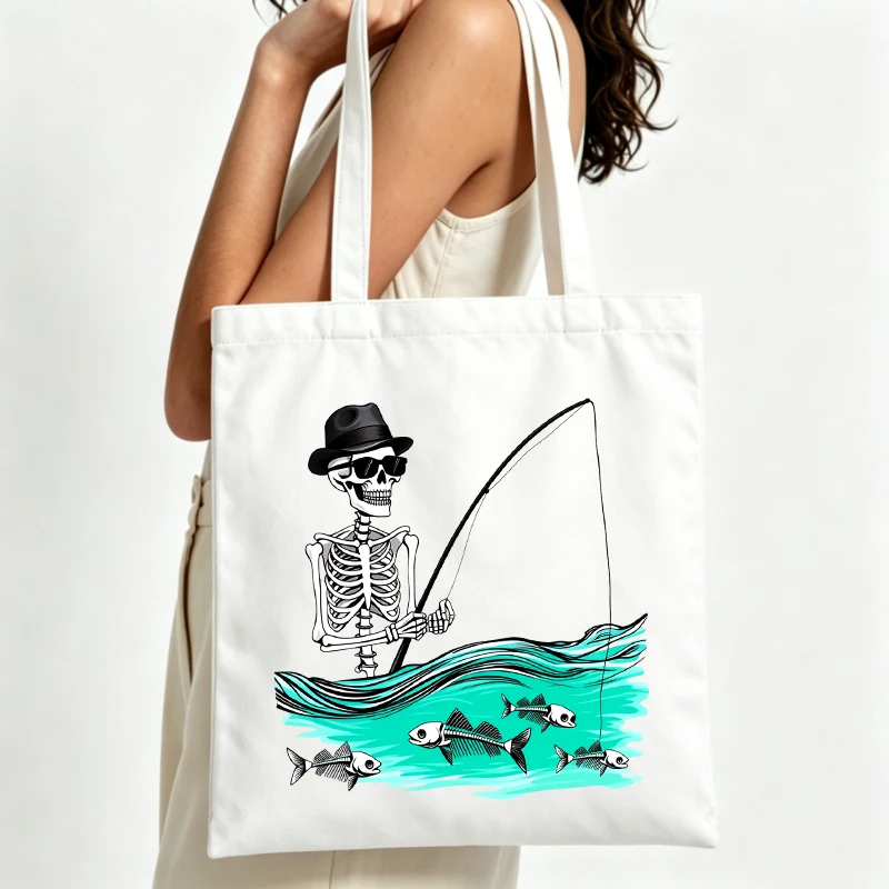 Women's skeleton fishing graphic canvas tote bag, casual style for daily shopping and summer outings