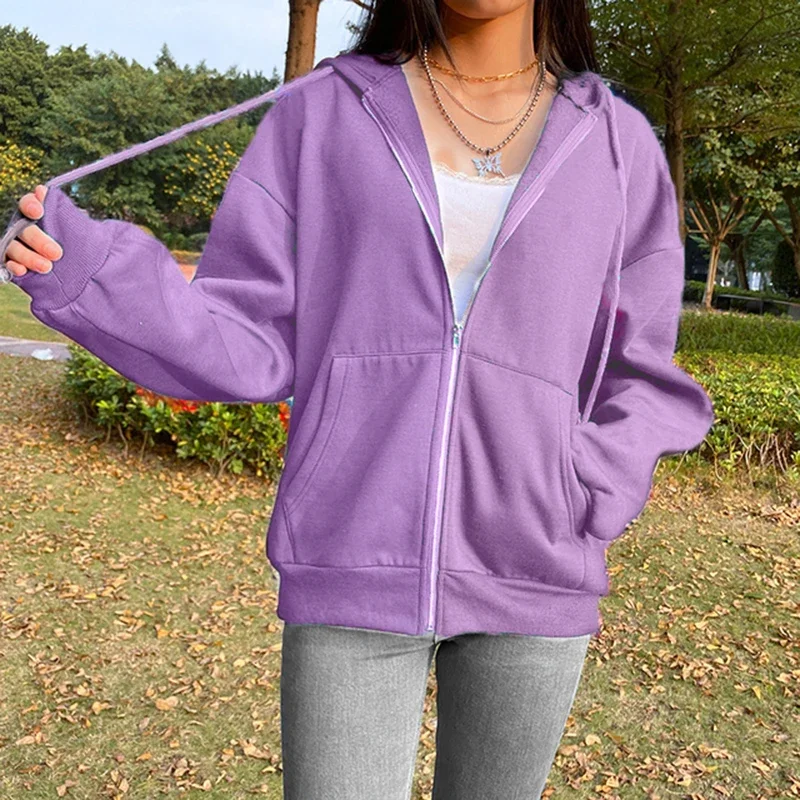 Brown Purple Black Zip Hooded Sweatshirt Winter Jacket Top Oversized Hoodie Retro Pocket Woman Clothes Long Sleeve Pullover