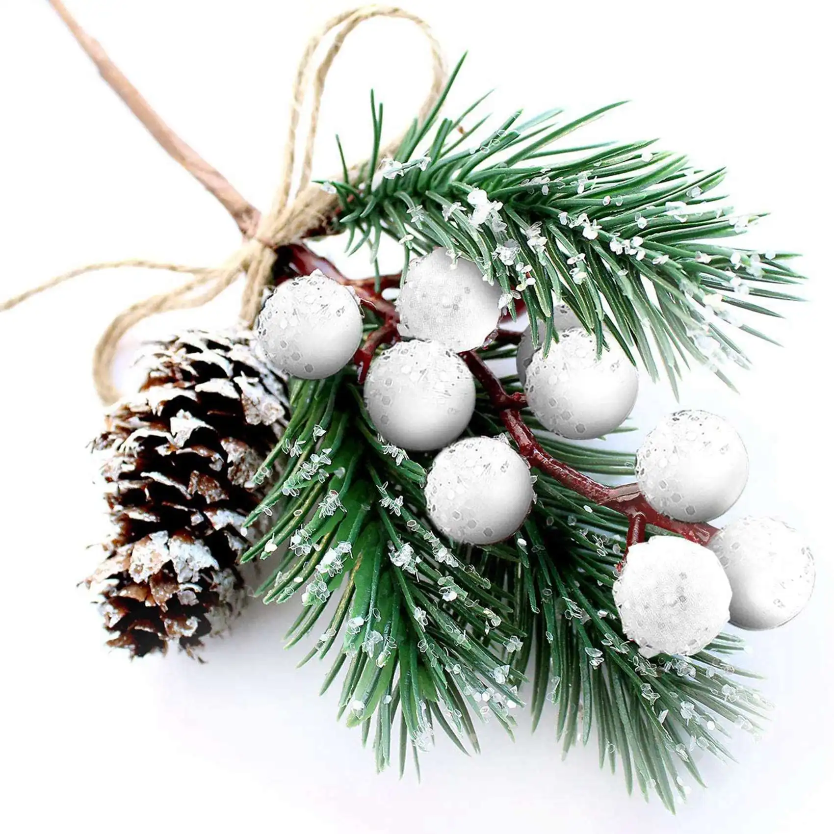 White Christmas Berries/Berry Stems Pine Branches & Artificial Pine Cones/White Holly Spray/Wreath Picks for Decor Rich