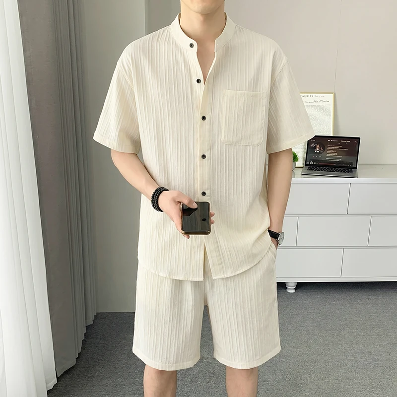 Men's Blended Fabric 2-Piece Set, Stand Collar Short Sleeve Shirt & Shorts, Breathable Casual Summer Outfit for Daily Wear