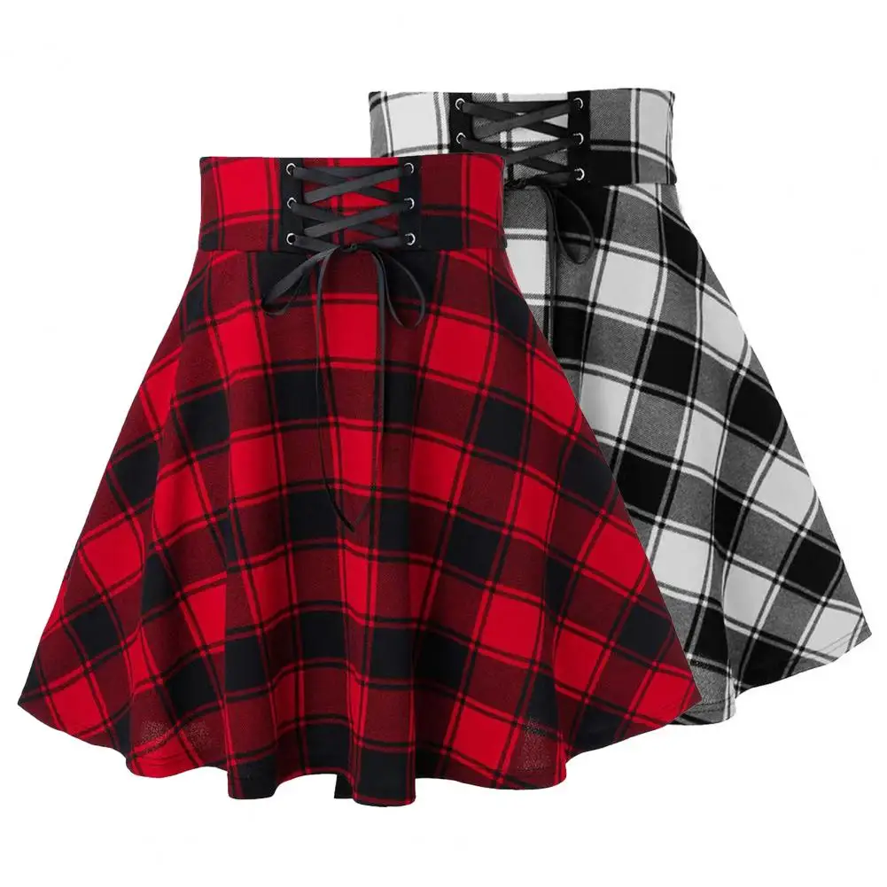 

Elastic Waist Skirt Trendy Women's Plaid Print Mini Skirt Collection Elastic High Waist A-line Skater Skirt Hip Hop Style