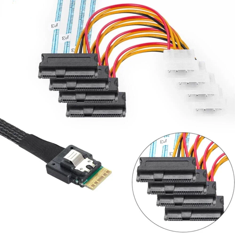 

Mini SlimSAS SFF-8654 4i to SFF-8482 (4x SAS/SATA) Adapter Cable with Power Supply Connector - High-Speed Data Transfer