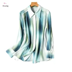 Blusa informal de satén con estampado Tie Dye para mujer, camisa de manga larga con cuello vuelto, Tops sencillos a la moda, novedad de 2024