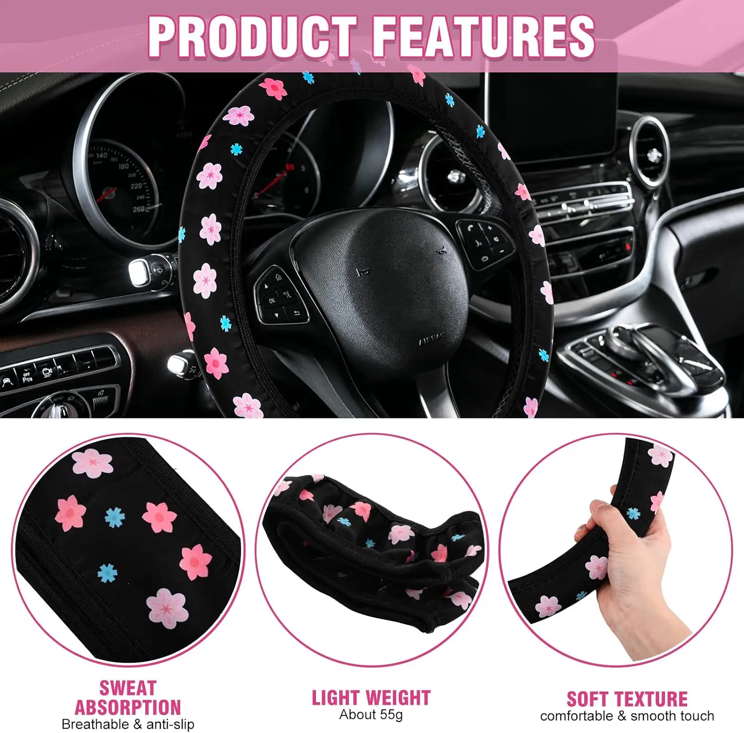 1 Stück Niedlicher Blumenmuster-Lenkradbezug ohne Innenring-Design, Einfach zu Installieren und zu Reinigen, Auto-Innenausstattung – Detail 1