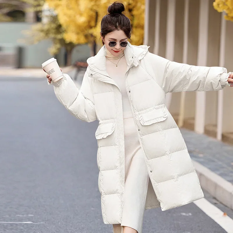 Medium-length Down Jacket Women Winter New White Duck Down Thickened Warm Hooded Jacket Gentle Sweet Ruffle Edge Woman Long Coat