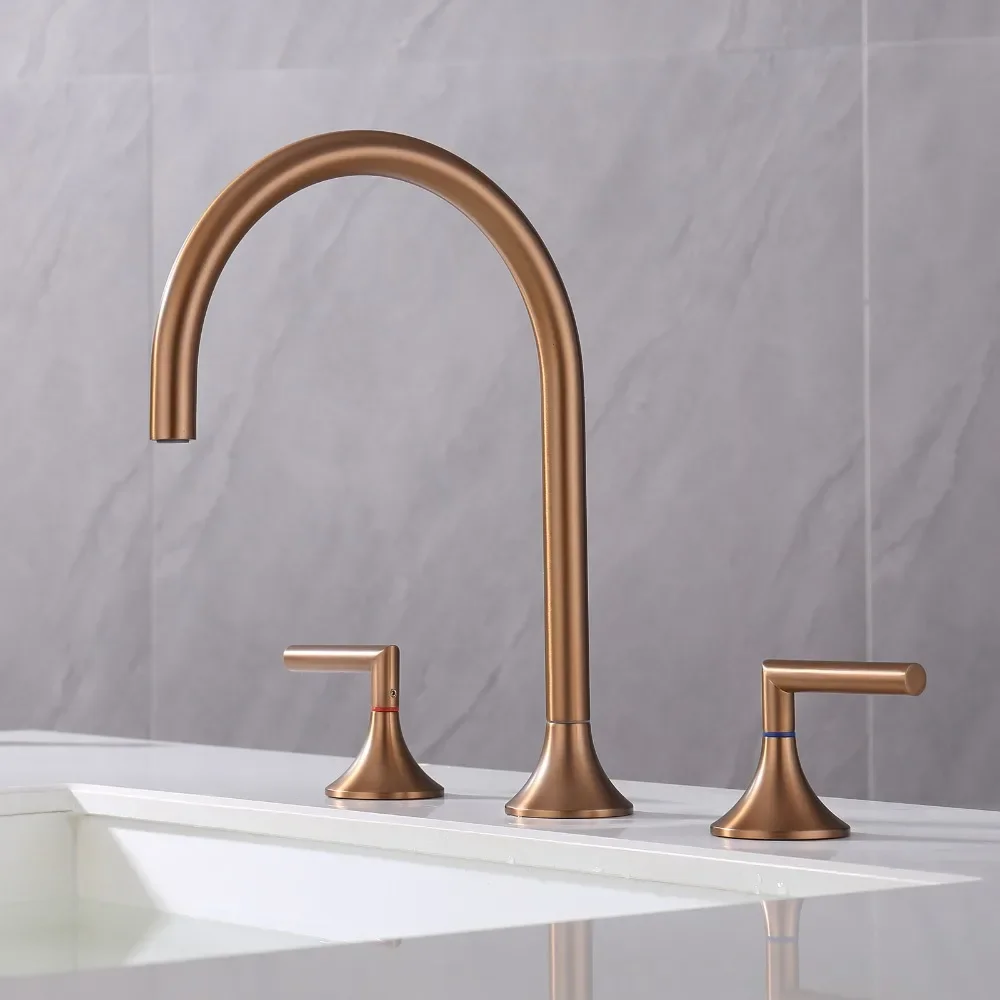 Brushed Rose Gold Double Handle 3 Hole Bathroom Sink Faucet Hot Cold Water Basin Tap