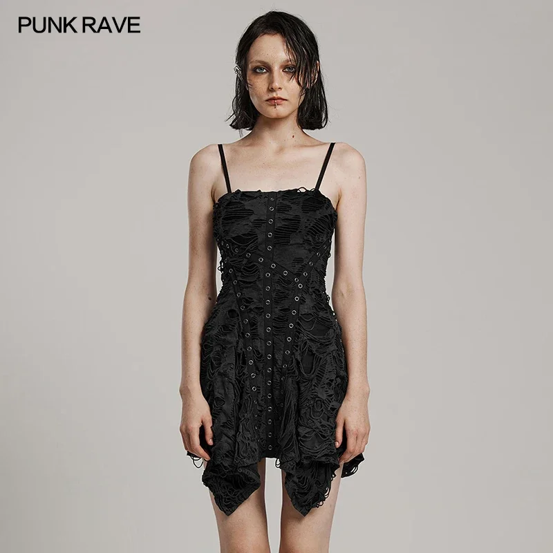 PUNK RAVE Women\'s Punk Wasteland Adjustable Shoulder Straps Asymmetrical Dress Mini Dresses Women Clothing Two Colors