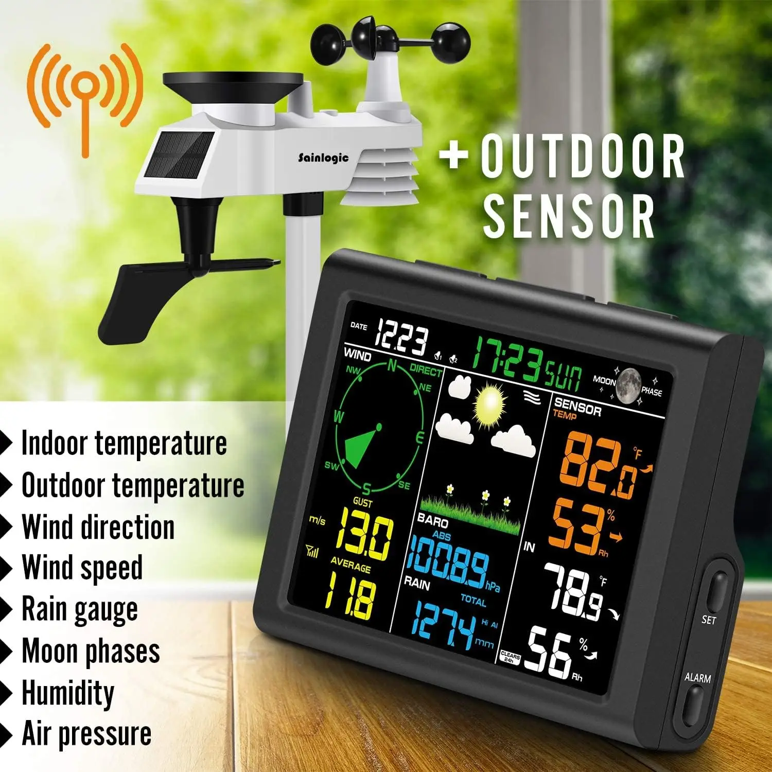 Wireless Weather Station with Outdoor Sensor, 5-in-1 Weather Station Indoor Outdoor with Rain Gauge,Weather Forecast,