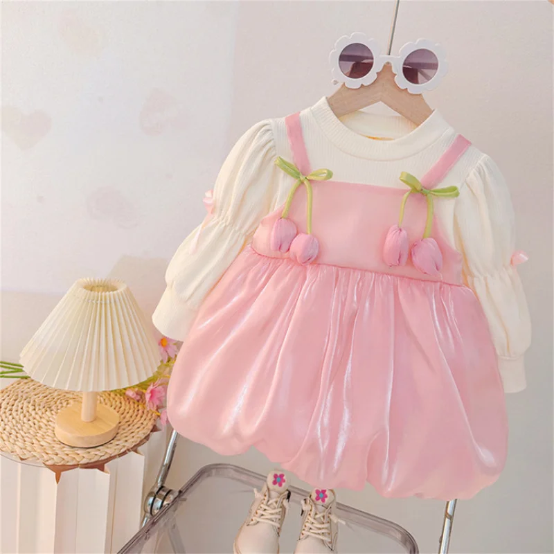 

Girls' Autumn Dress2025New Style Baby Girl First Birthday Dress Toddler Imitation Satin Fashion Flower Bud Princess Dress