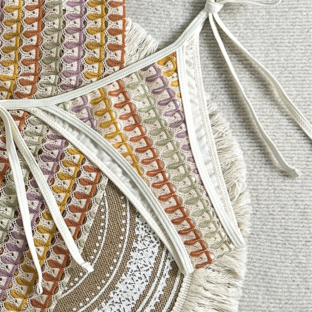 التباين اللون بيكيني شبكة الكروشيه ضمادة التستر مايكرو سلسلة الدانتيل متابعة ملابس السباحة عارية الذراعين النساء 3 قطعة عطلة الشاطئ ملابس السباحة #5