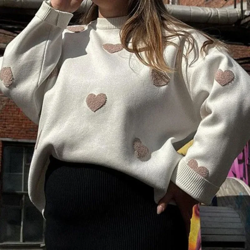 OCEANLOVE Print Love Sweet Women Sweaters Autumn Winter Vintage Thick Warm Sweet Pull Femme Ins Fashion Loose Pullovers